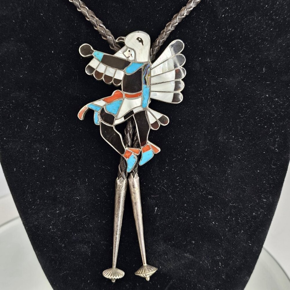 Bolo Sterling Silver Turquoise Coral Zuni Eagle Dancer Mother Of Pearl Native